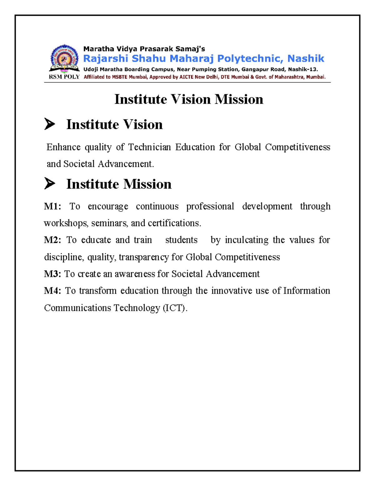 Institute & department Vision& mission - Institute Vision Mission ...