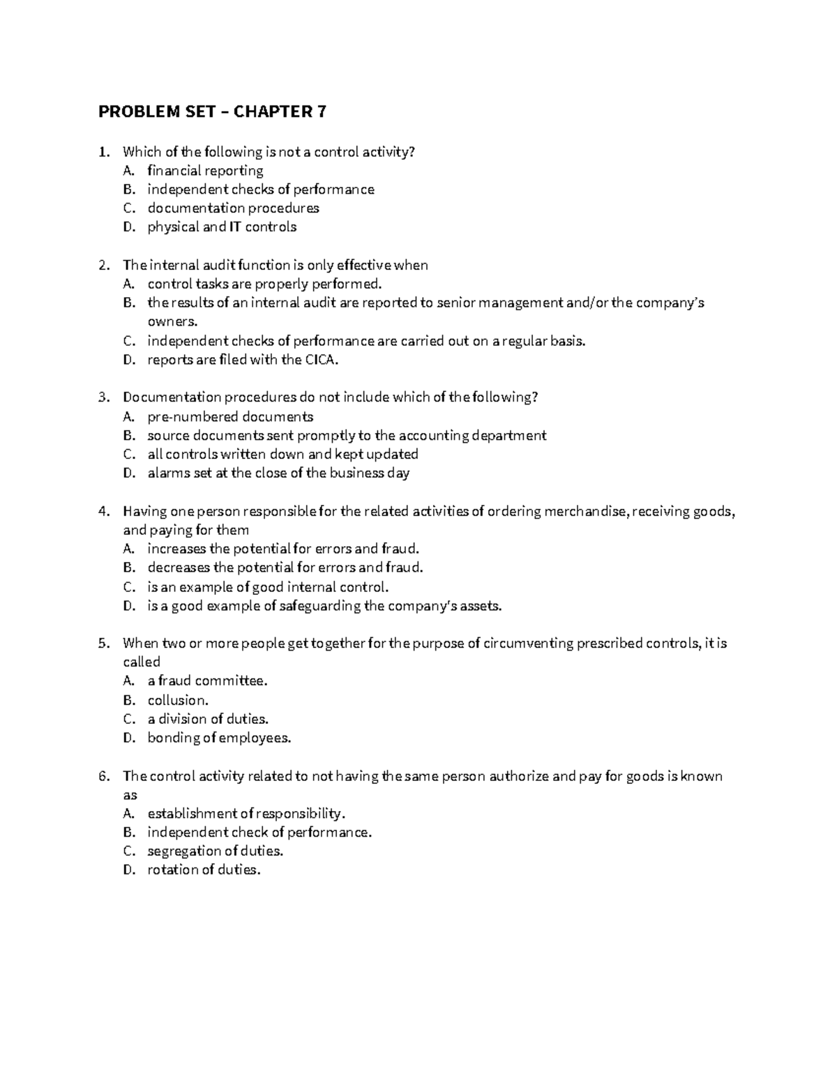 Prob Ch 7S - Professor- Eric Moon - PROBLEM SET – CHAPTER 7 Which of ...