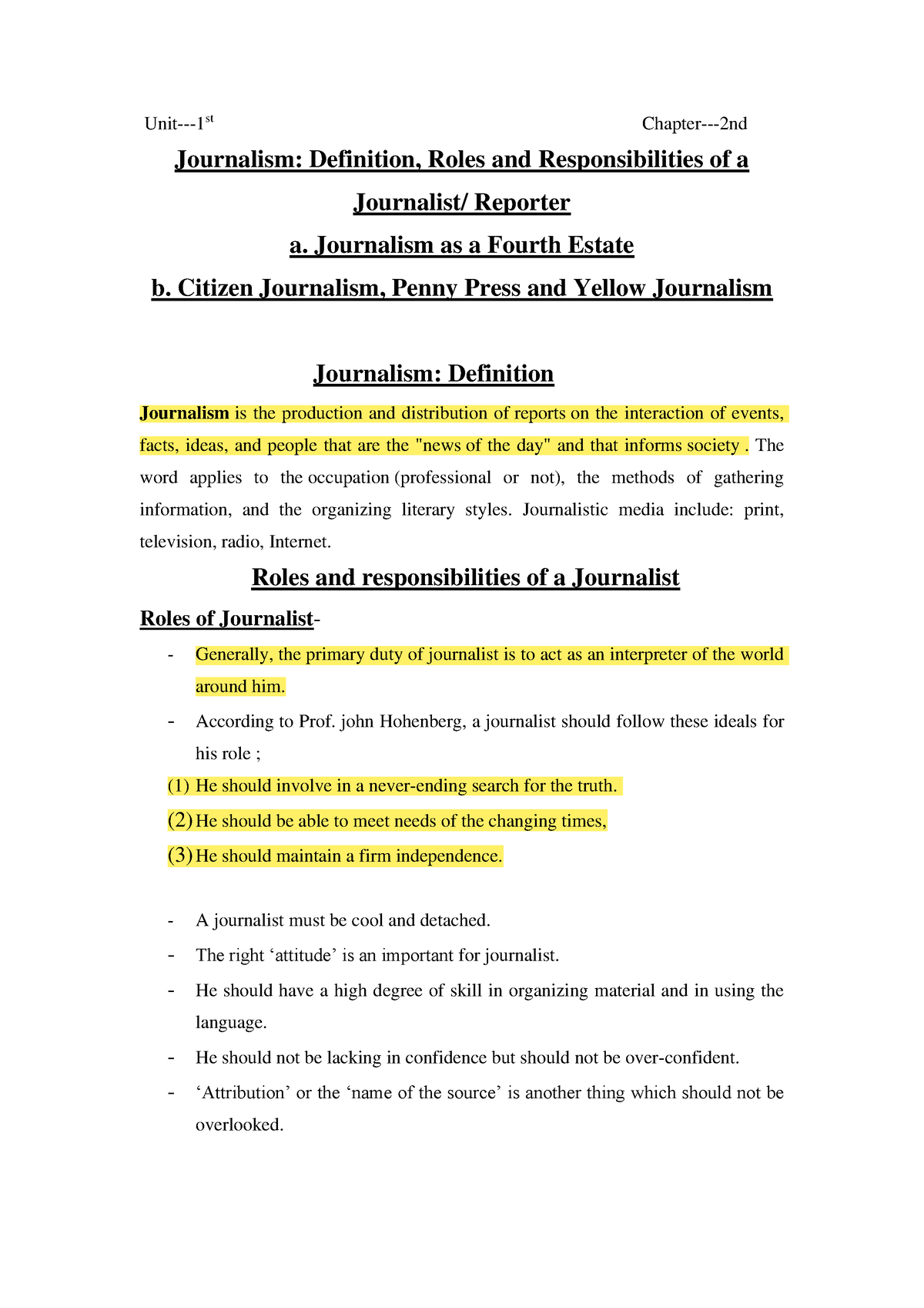 Journalism Definition - Unit-1st Chapter-2nd Journalism: Definition, Roles  and Responsibilities of a - Studocu