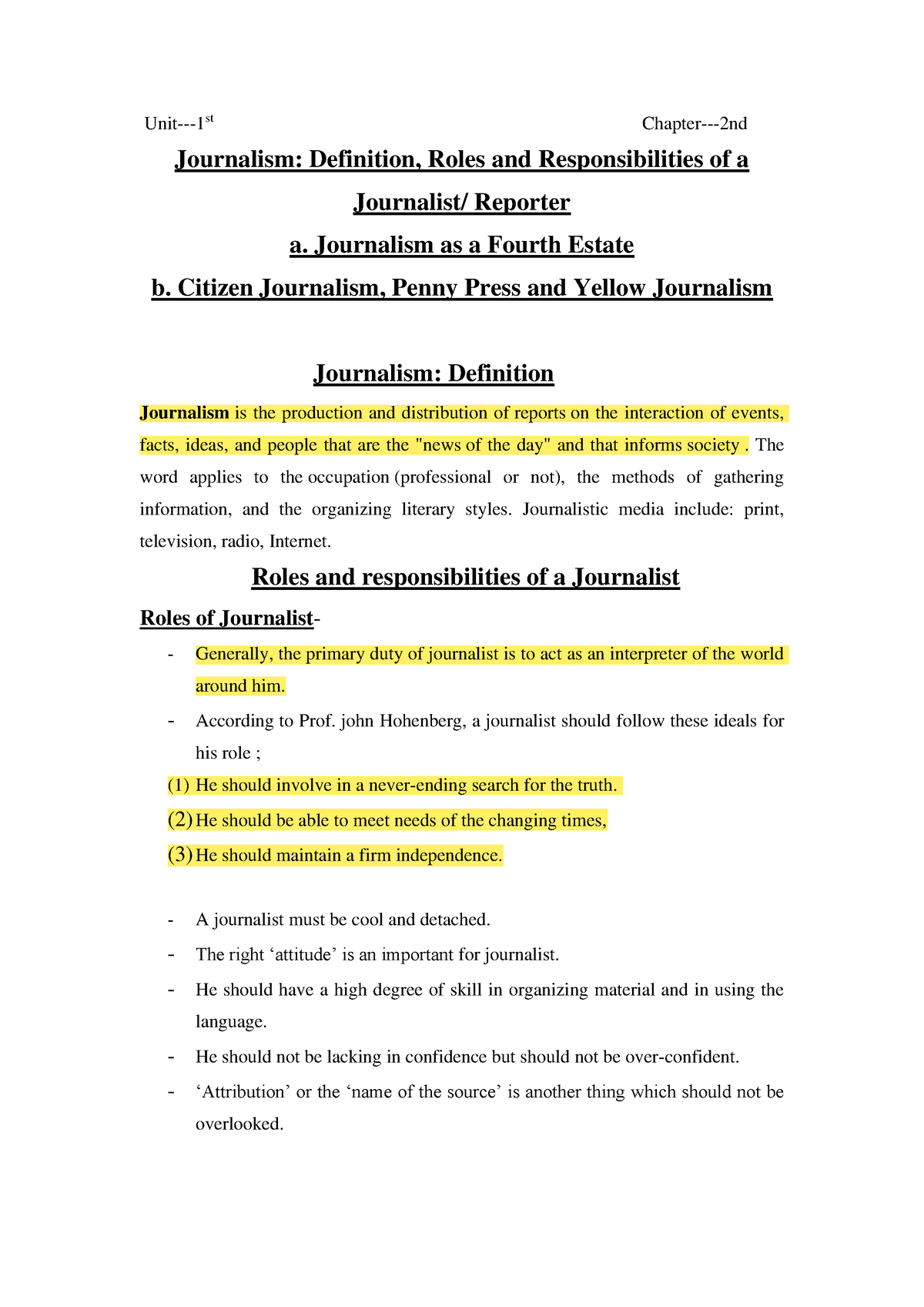 Journalism Definition Unit 1st Chapter 2nd Journalism Definition 