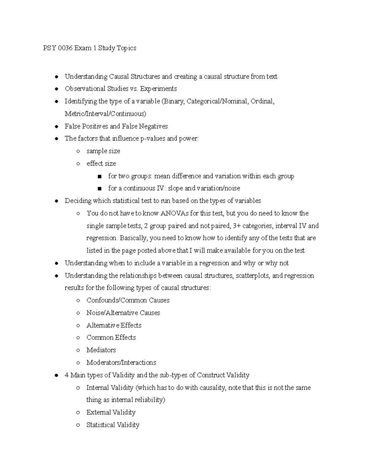 Exam 1 Study Topics - PSY 0036 Research Methods Lecture - Professor ...