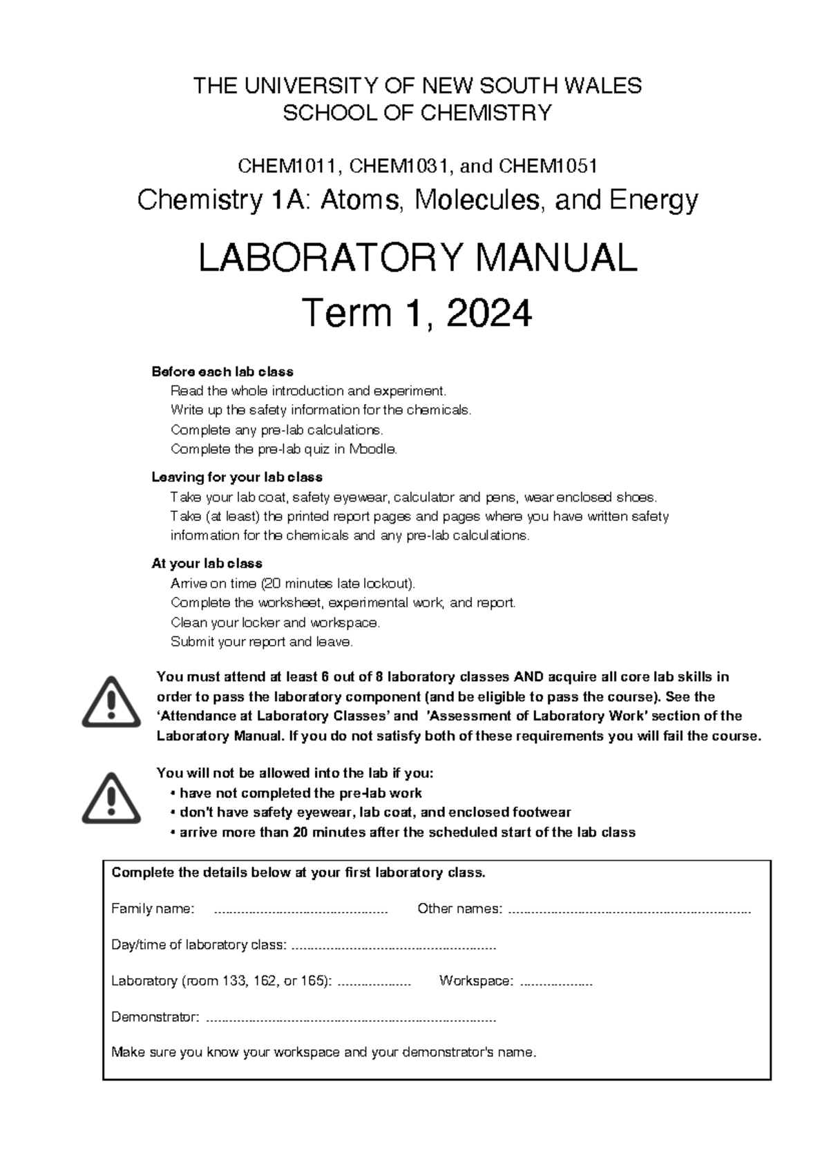 CHEM1011 31 51 lab manual T1 2024 - ####### THE UNIVERSITY OF NEW SOUTH ...