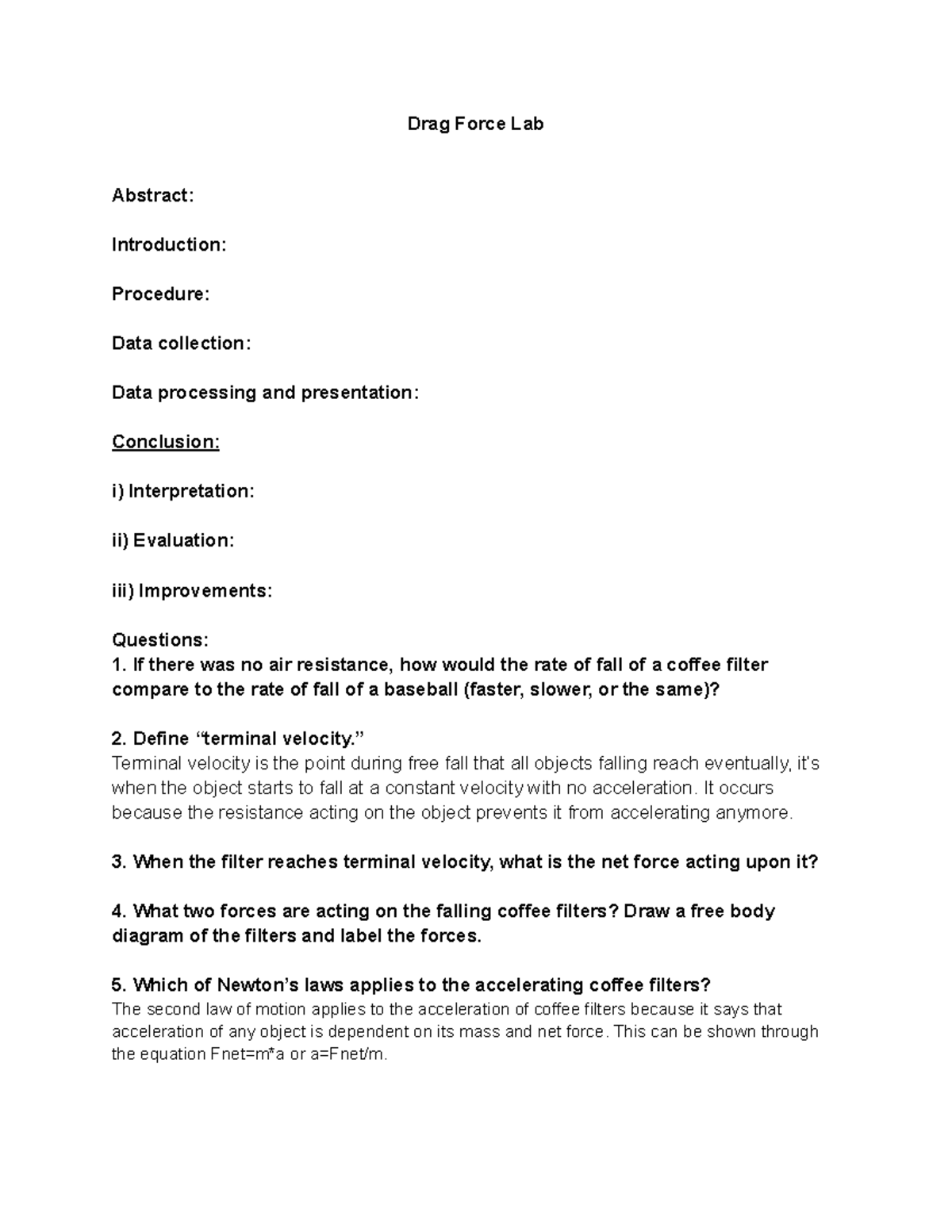Drag Force Lab Drag Force Lab Abstract Introduction Procedure Data