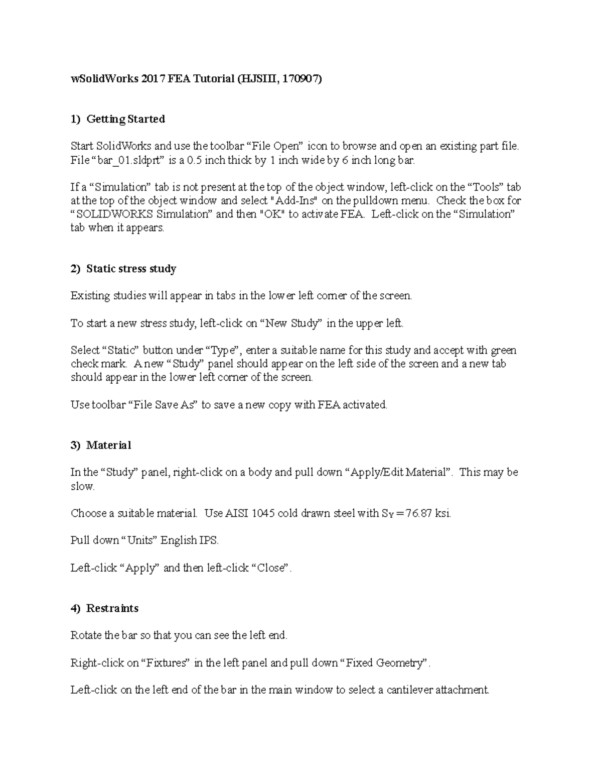 SW FEA tutorial bar - wSolidWorks 2017 FEA Tutorial (HJSIII, 170907 ...