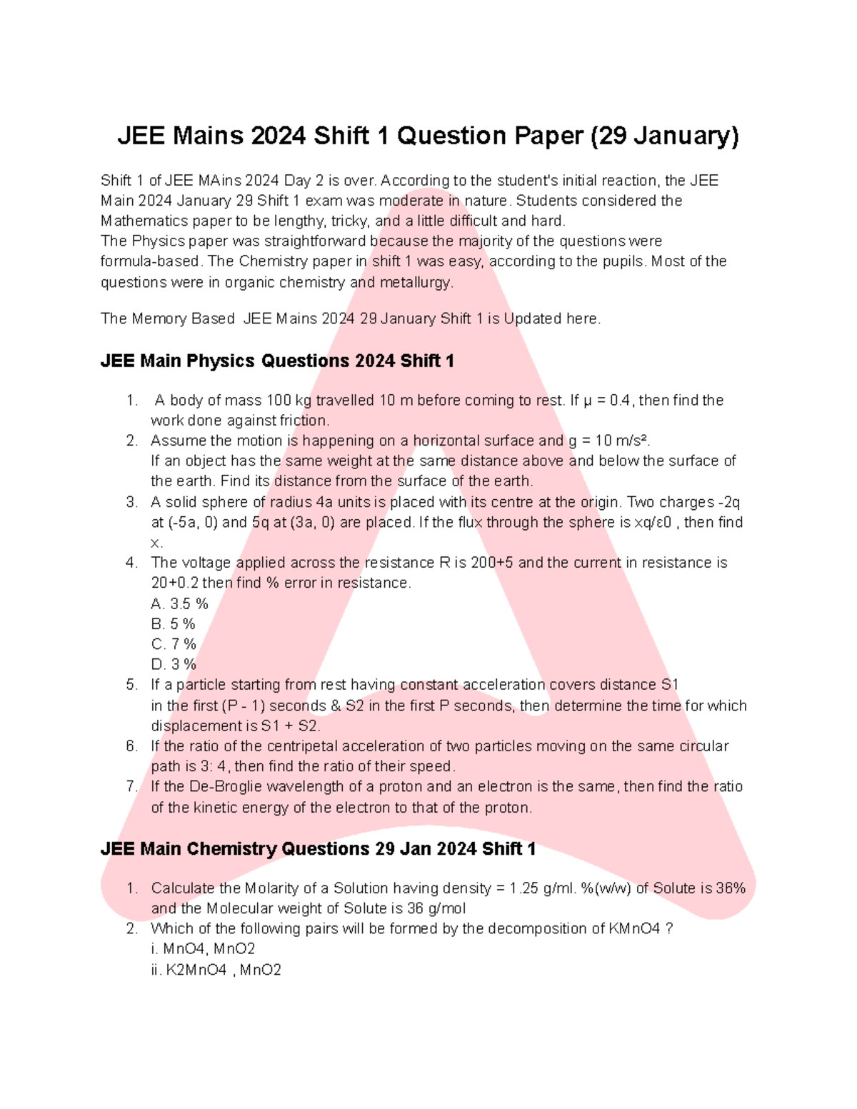 JEE Mains 2024 Question Paper 29 Jan Shift 1 - JEE Mains 2024 Shift 1 ...