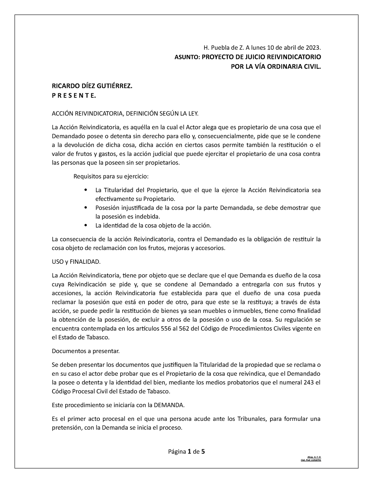 Proyecto Juicio Reivindicatorio - H. Puebla de Z. A lunes 10 de abril ...
