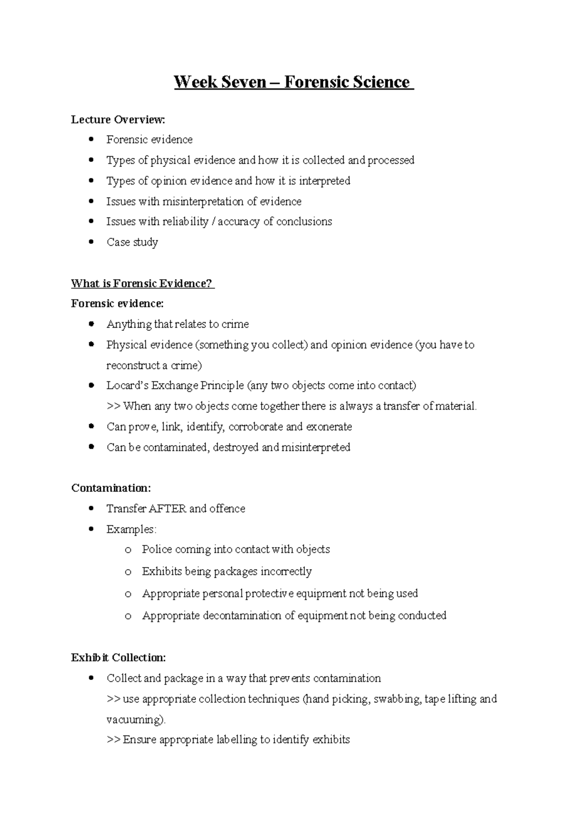 1014CCJ - Week Seven Notes - Week Seven – Forensic Science Lecture ...