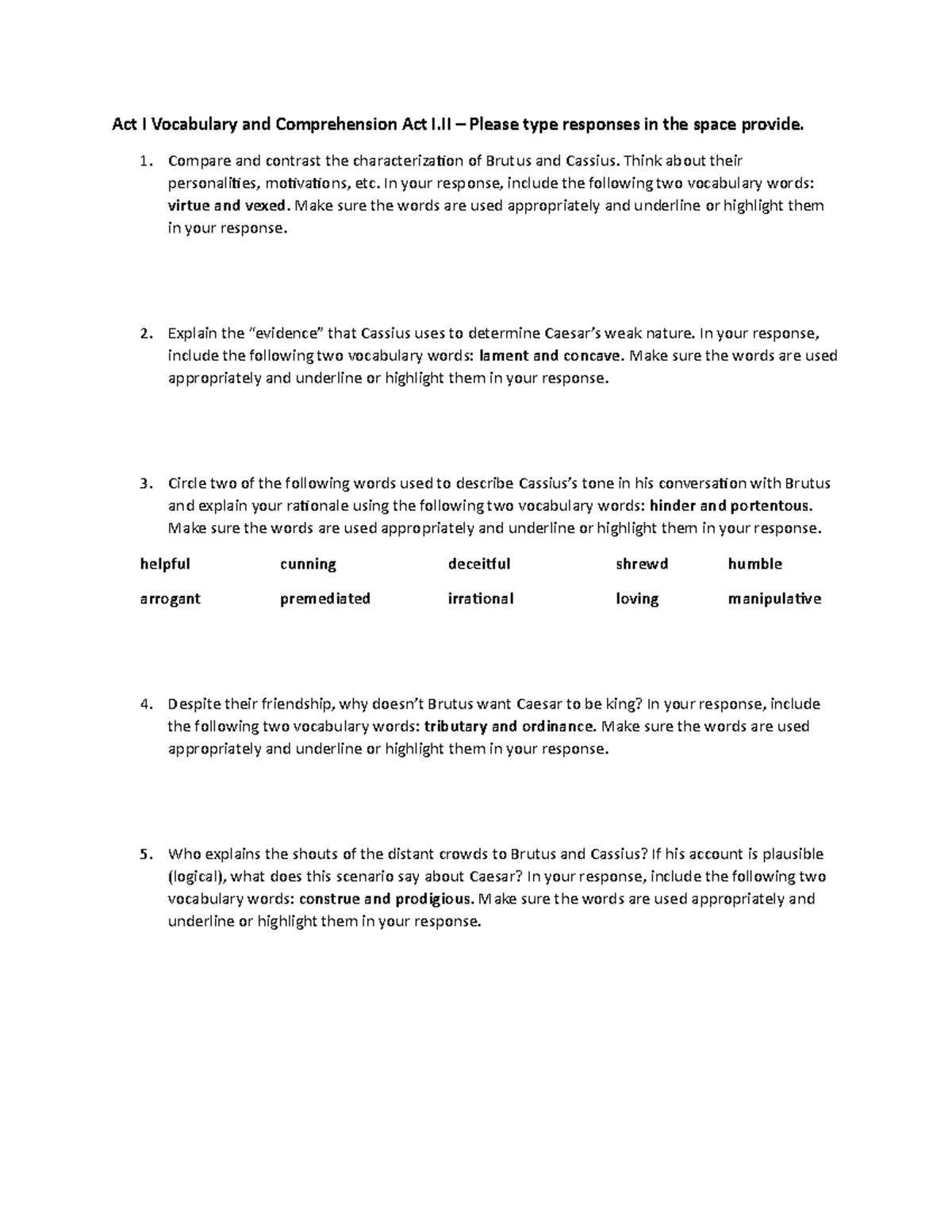 Act I Vocabulary and Comprehension Act I - Compare and contrast the ...