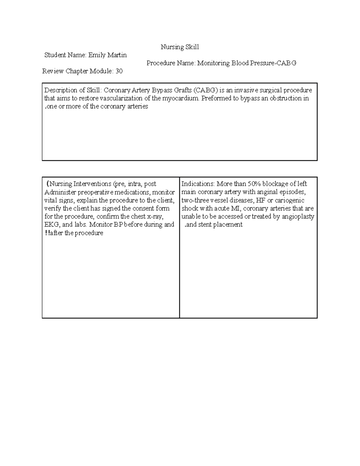 Monitoring Blood PressureCABG Nursing Skill Student Name Emily