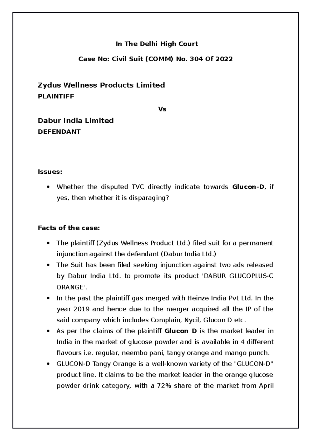 Zydus Wellness Products LTD Case Brief - In The Delhi High Court Case ...