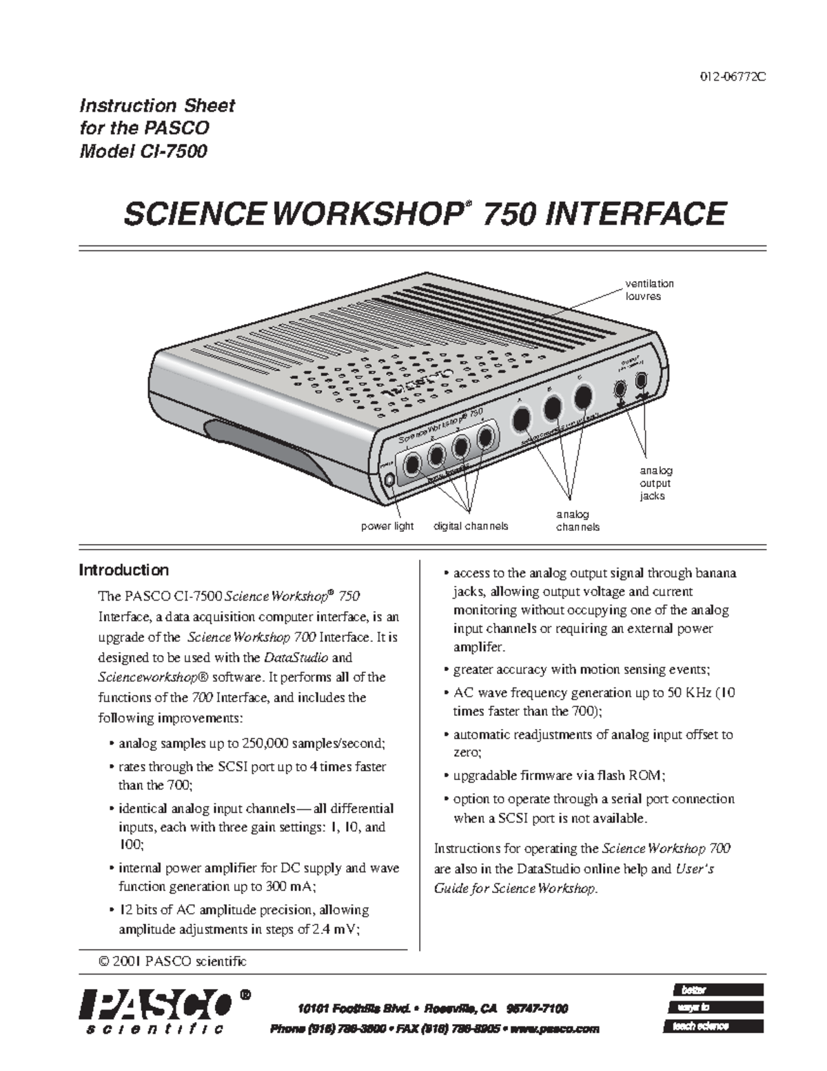 750 Interface Pasco Model CI7500 A B C DIGITAL CHANNELS ANALOG
