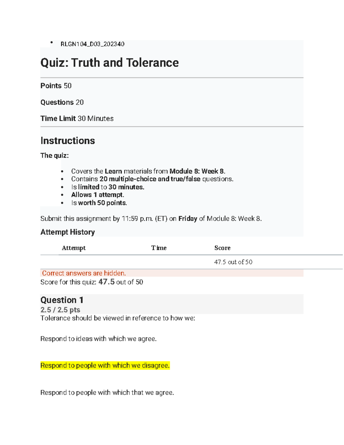 2 QUIZ Truth AND Tolerance RLGN104_D03_ Quiz Truth and Tolerance