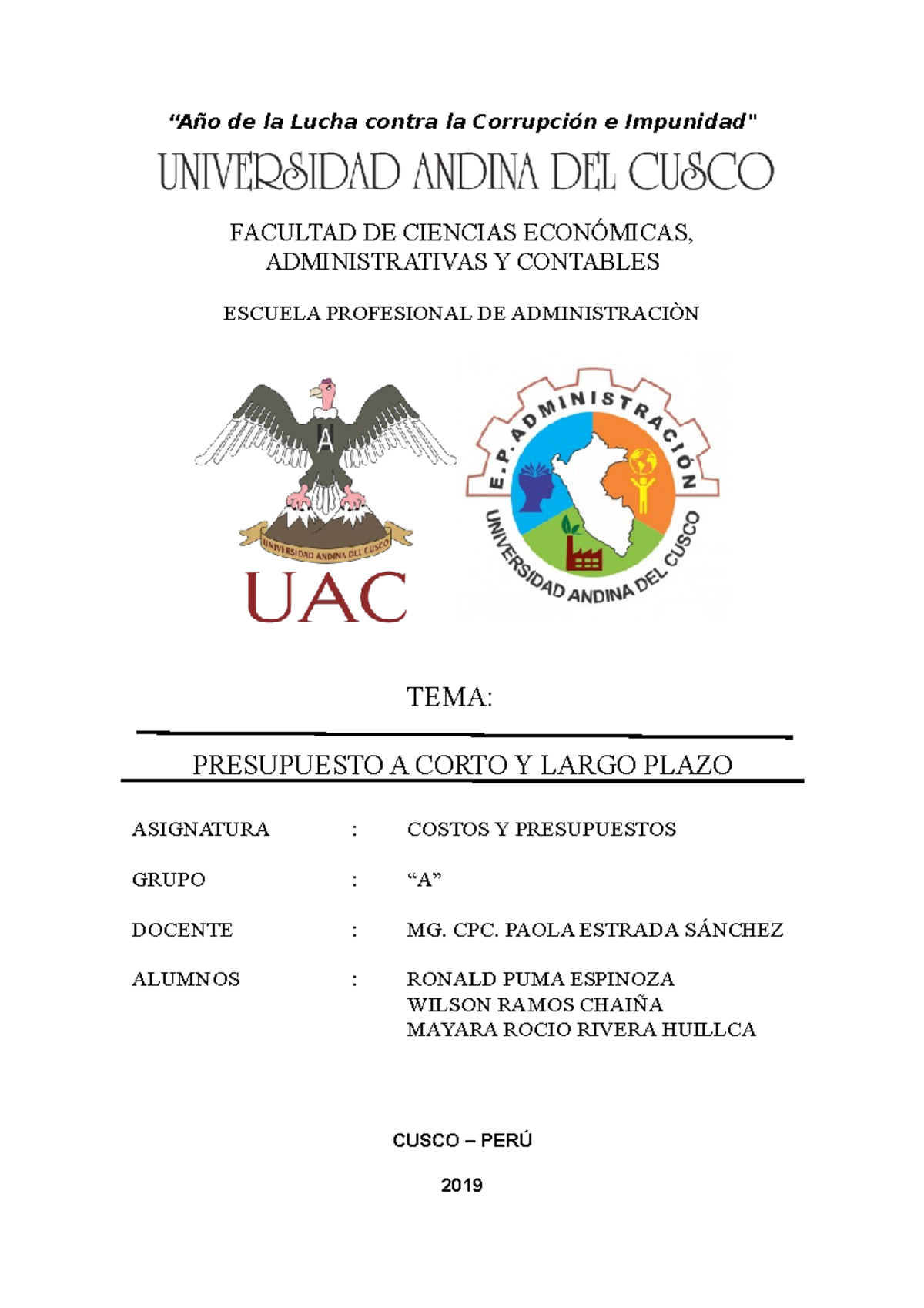 Presupuesto a corto y largo plazo - de la Lucha contra la e FACULTAD DE ...