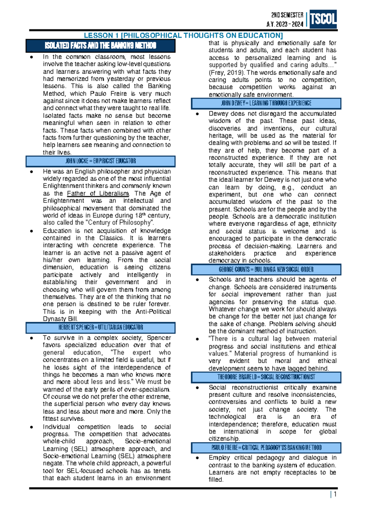 Lesson 1 [ Philosophical Thoughts ON Education] - |TSCOL LESSON 1 ...