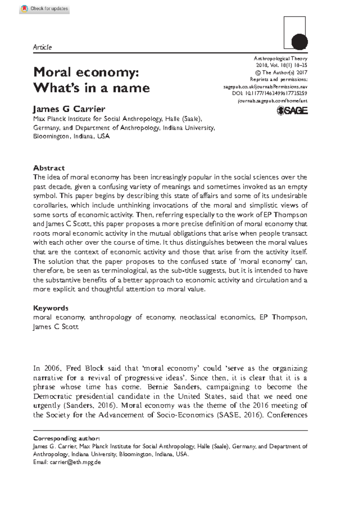 what is moral economy Article Moral economy What’s in a name James G Carrier Max Planck