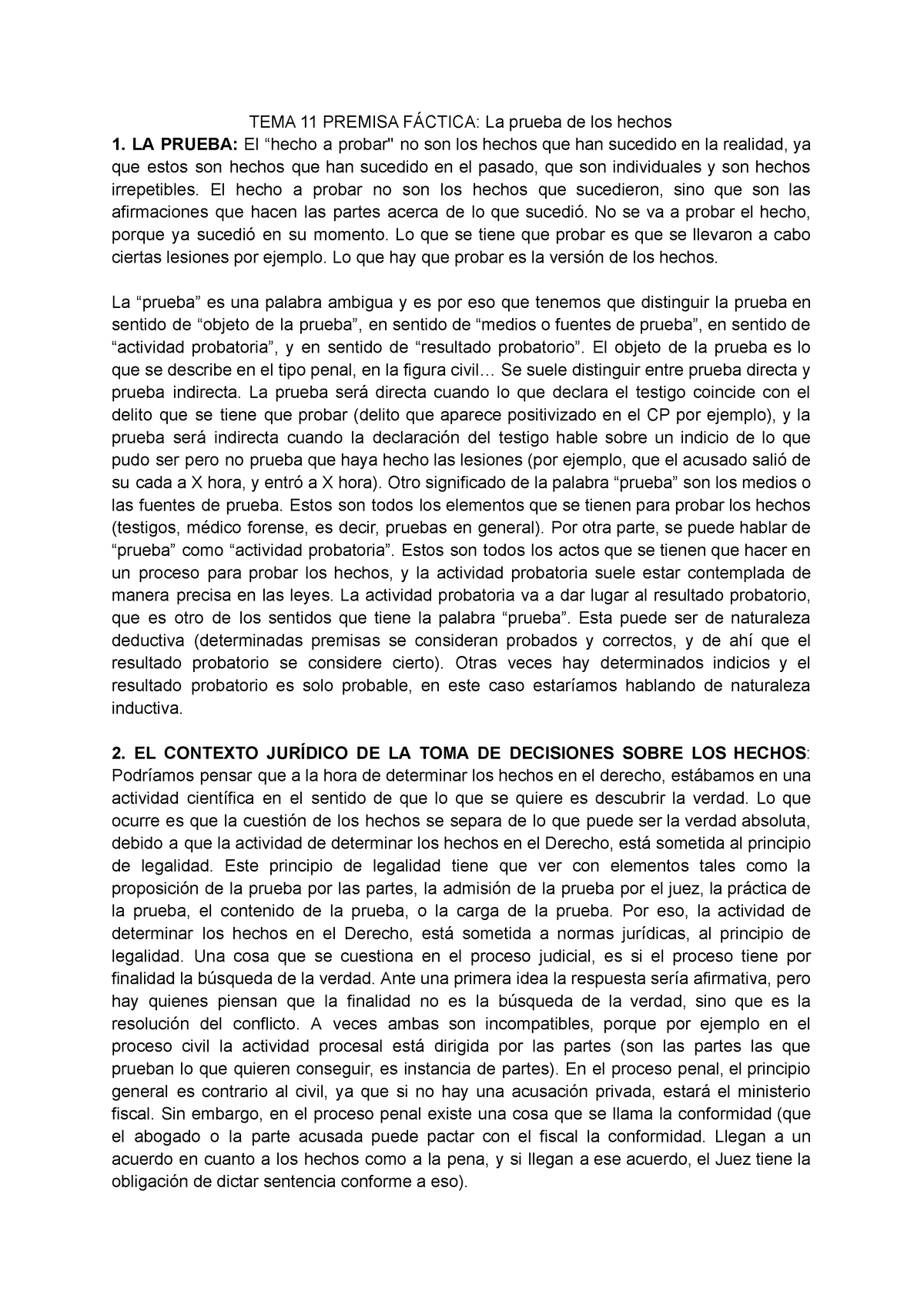 Tema 11 Teoria Del Derecho Tema 11 Premisa FÁctica La Prueba De Los Hechos 1 La Prueba El 1086