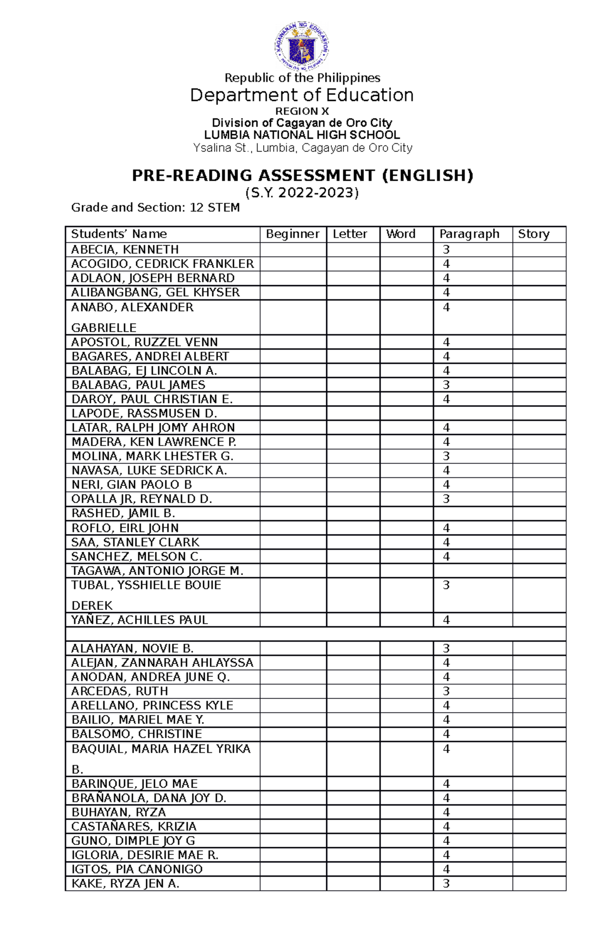 English Pre Reading Assessment Format - Republic of the Philippines ...