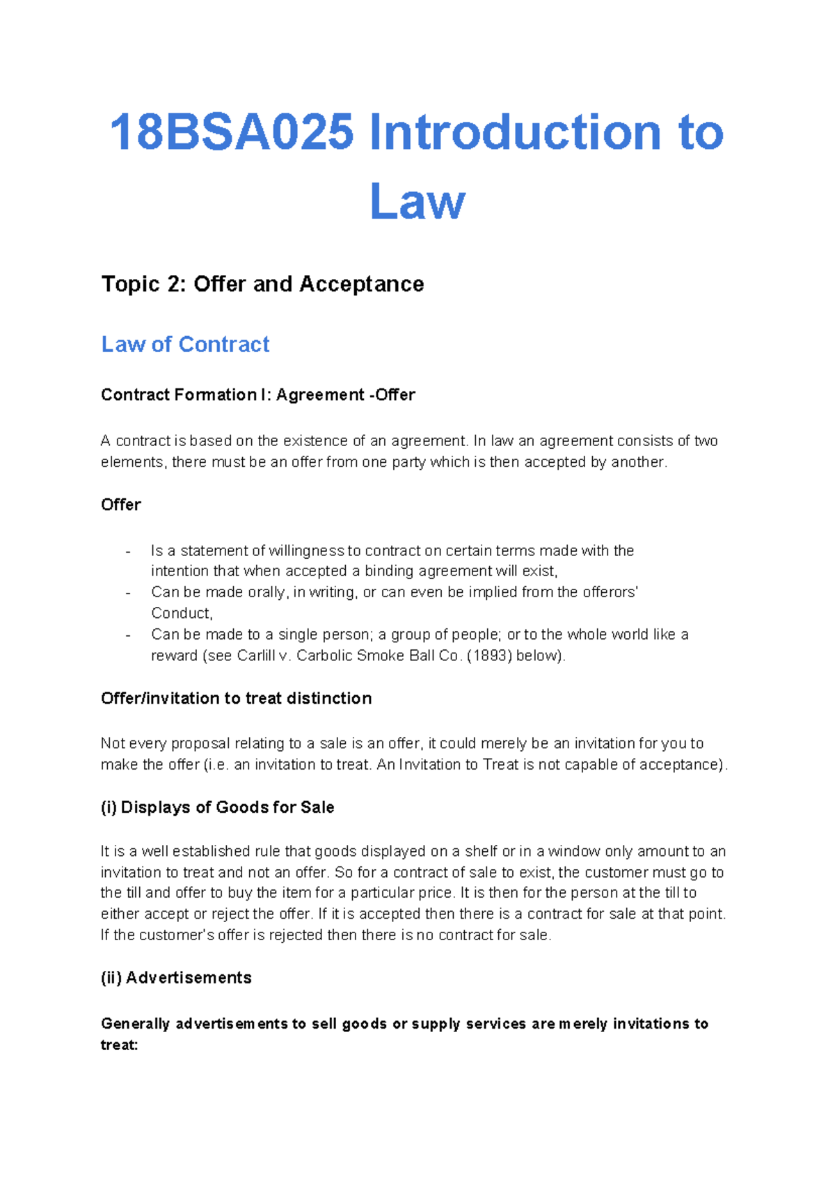 Agreement and Offer - 18BSA025 Introduction to Law Topic 2: Offer and ...