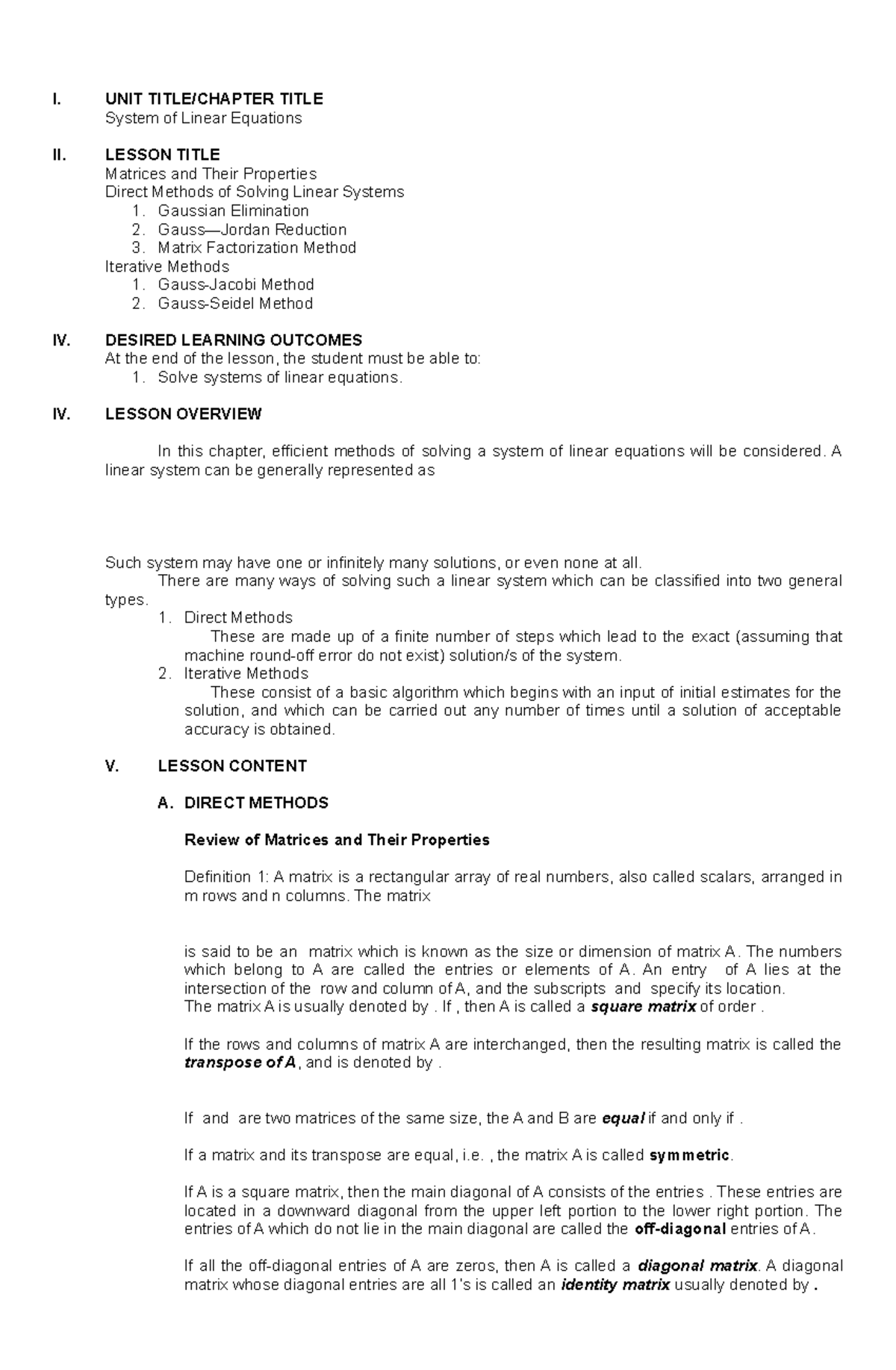 Direct Methods of Solving Linear Systems - I. UNIT TITLE/CHAPTER TITLE ...