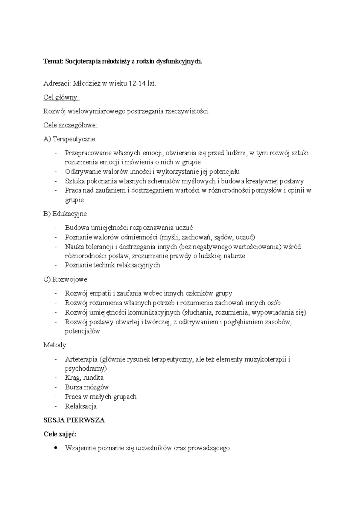 Konspekt Zajęć Socjoterapeutycznych Dla Młodzieży