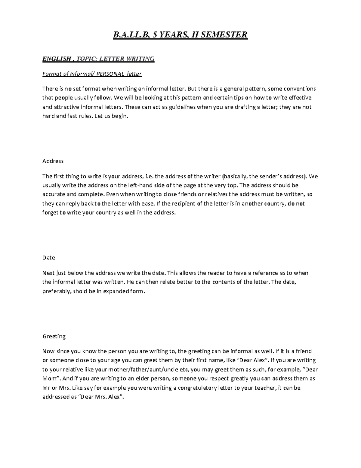 English - B.A.LL, 5 YEARS, II SEMESTER ENGLISH , TOPIC: LETTER WRITING ...