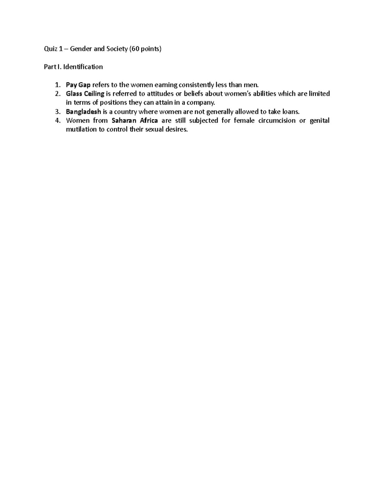 Gensoc quiz 1 for Any under - Quiz 1 – Gender and Society (60 points ...