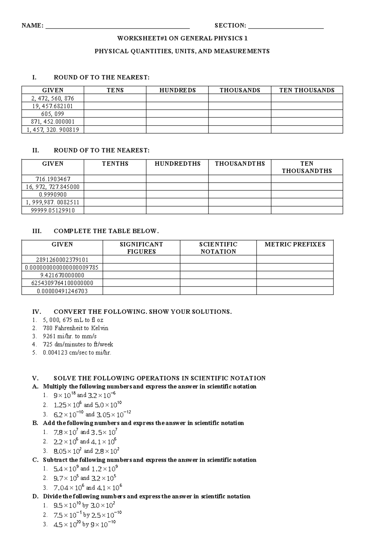 Worksheet ON General Physics 1 - NAME ...