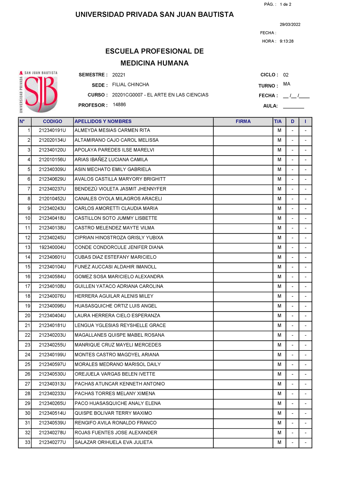 Arte Sfbf PÁg 1 De 2 Universidad Privada San Juan Bautista 2903 Fecha Hora 913 