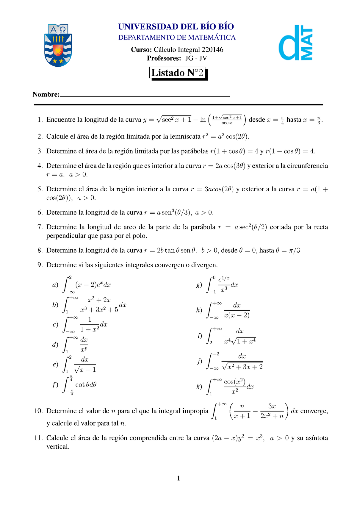 Listado 4 - Integrales - UNIVERSIDAD DEL B ́IO B ́IO DEPARTAMENTO DE ...