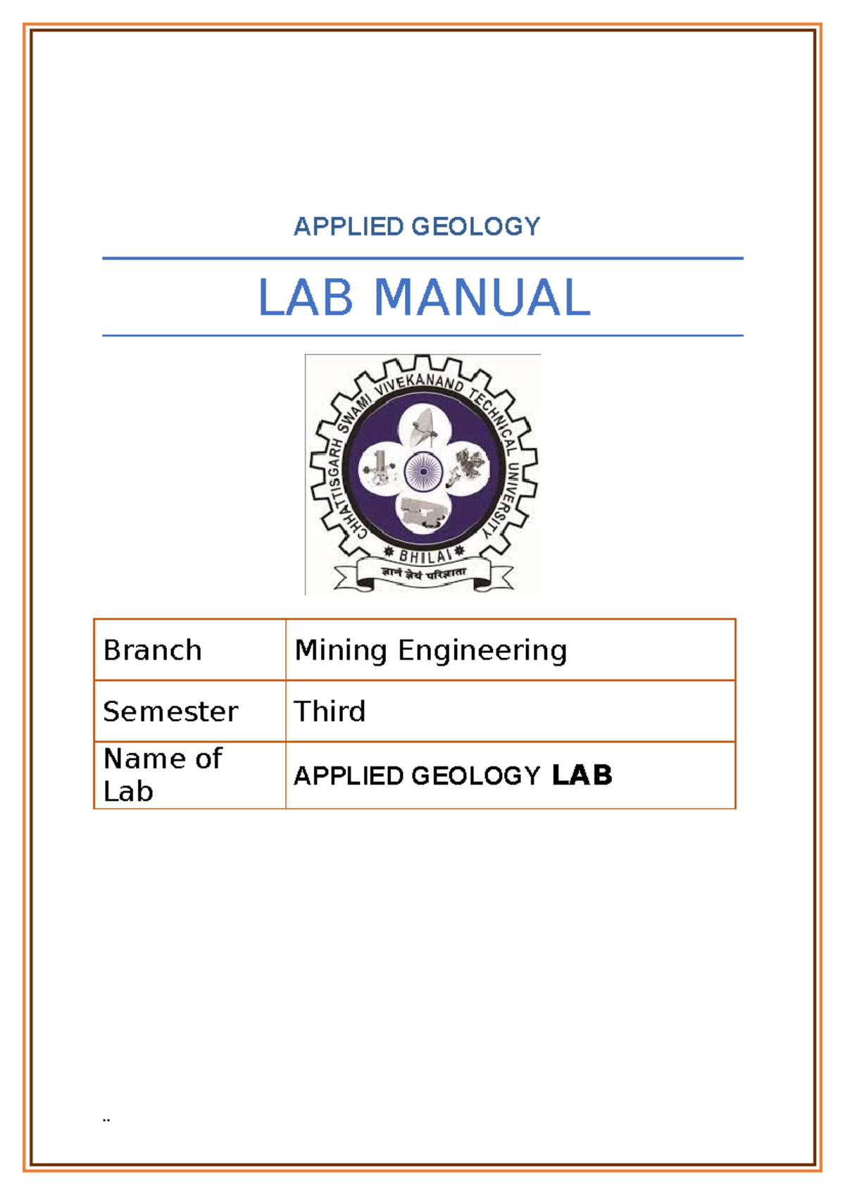 ENGG Geology LAB Manual APPLIED GEOLOGY LAB MANUAL Branch Mining