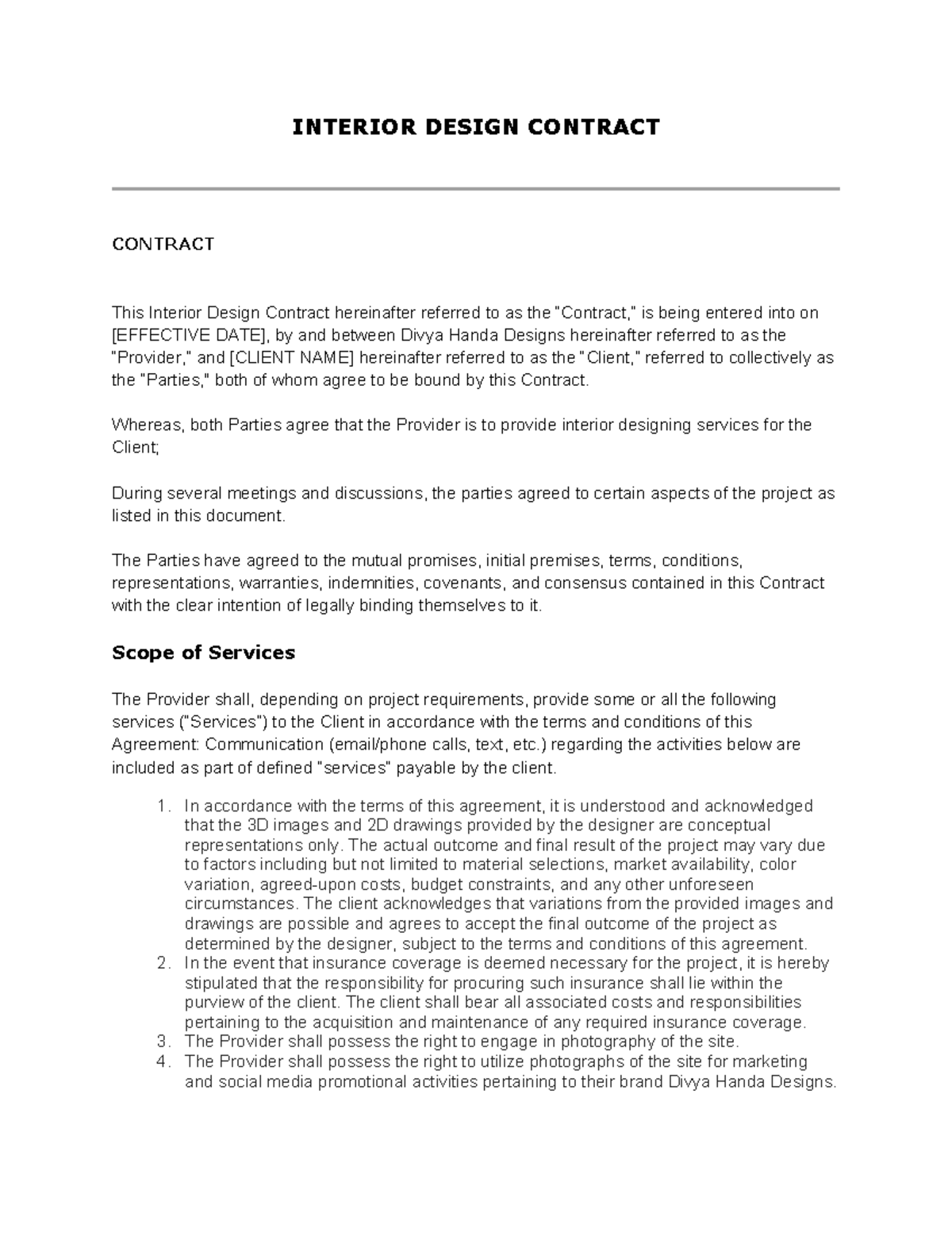 Interior Design Contract - Whereas, both Parties agree that the ...