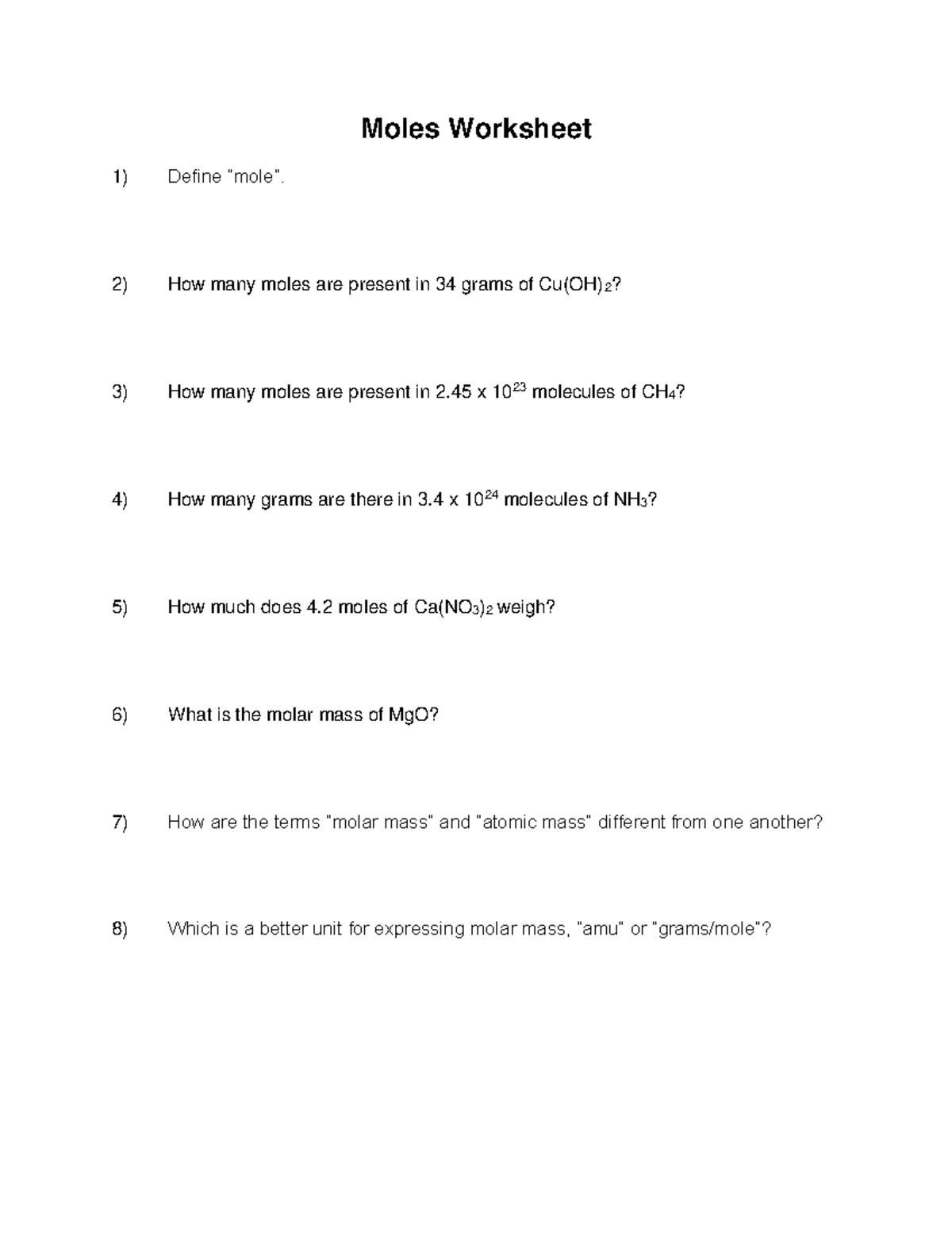 CHM 110 Moles Molecules Atoms And Grams Worksheet Moles Worksheet 1