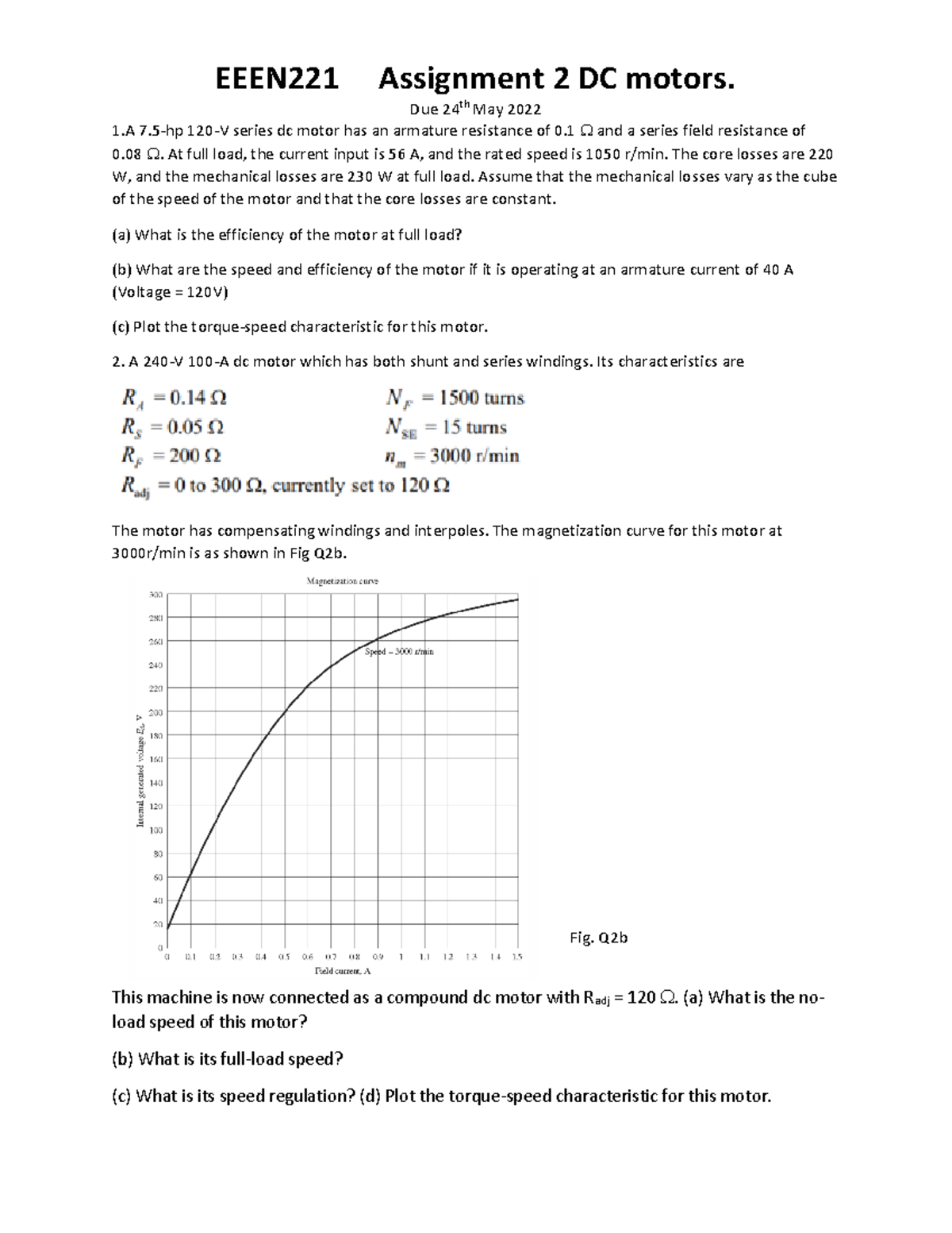 Assignment 2 DC machines - EEEN221 Assignment 2 DC motors. Due 24th May ...