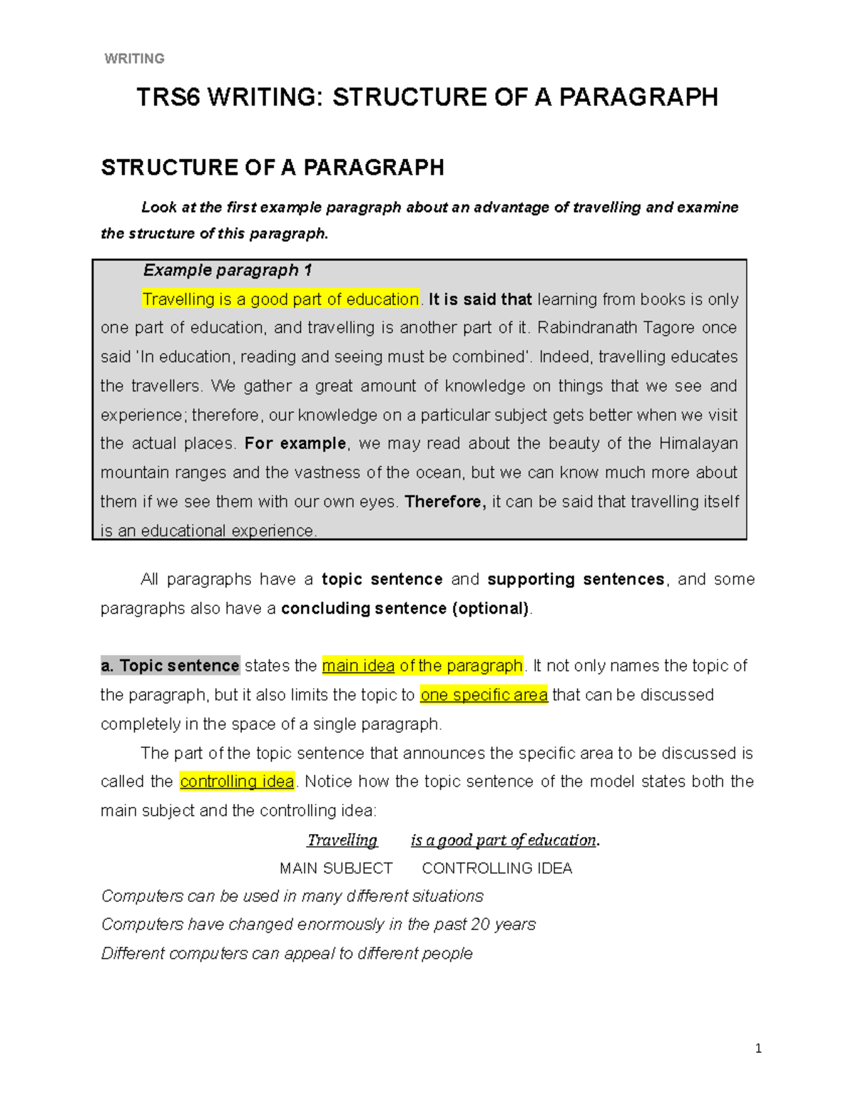 Structure of a paragraph - TRS6 WRITING: STRUCTURE OF A PARAGRAPH ...