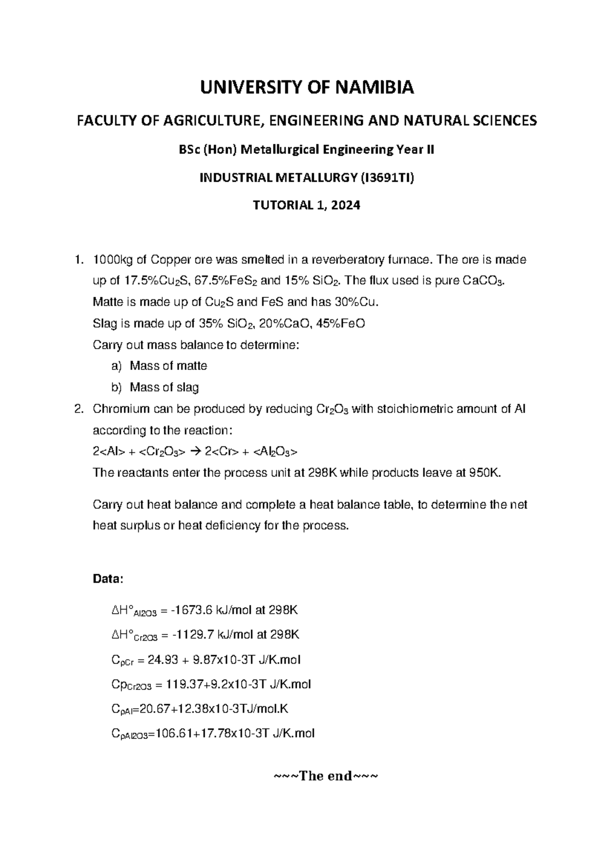 Tutorial 1 - UNIVERSITY OF NAMIBIA FACULTY OF AGRICULTURE, ENGINEERING ...