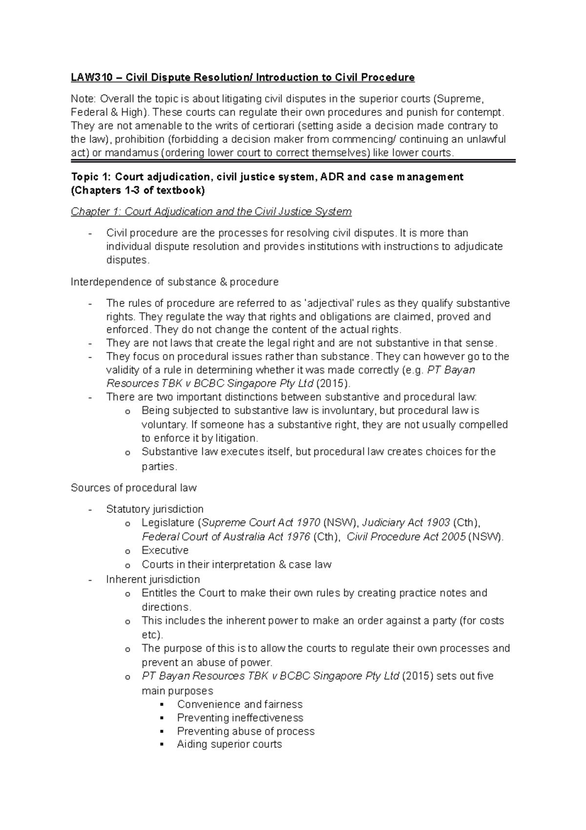 LAW310 Notes - LAW310 – Civil Dispute Resolution/ Introduction to Civil ...
