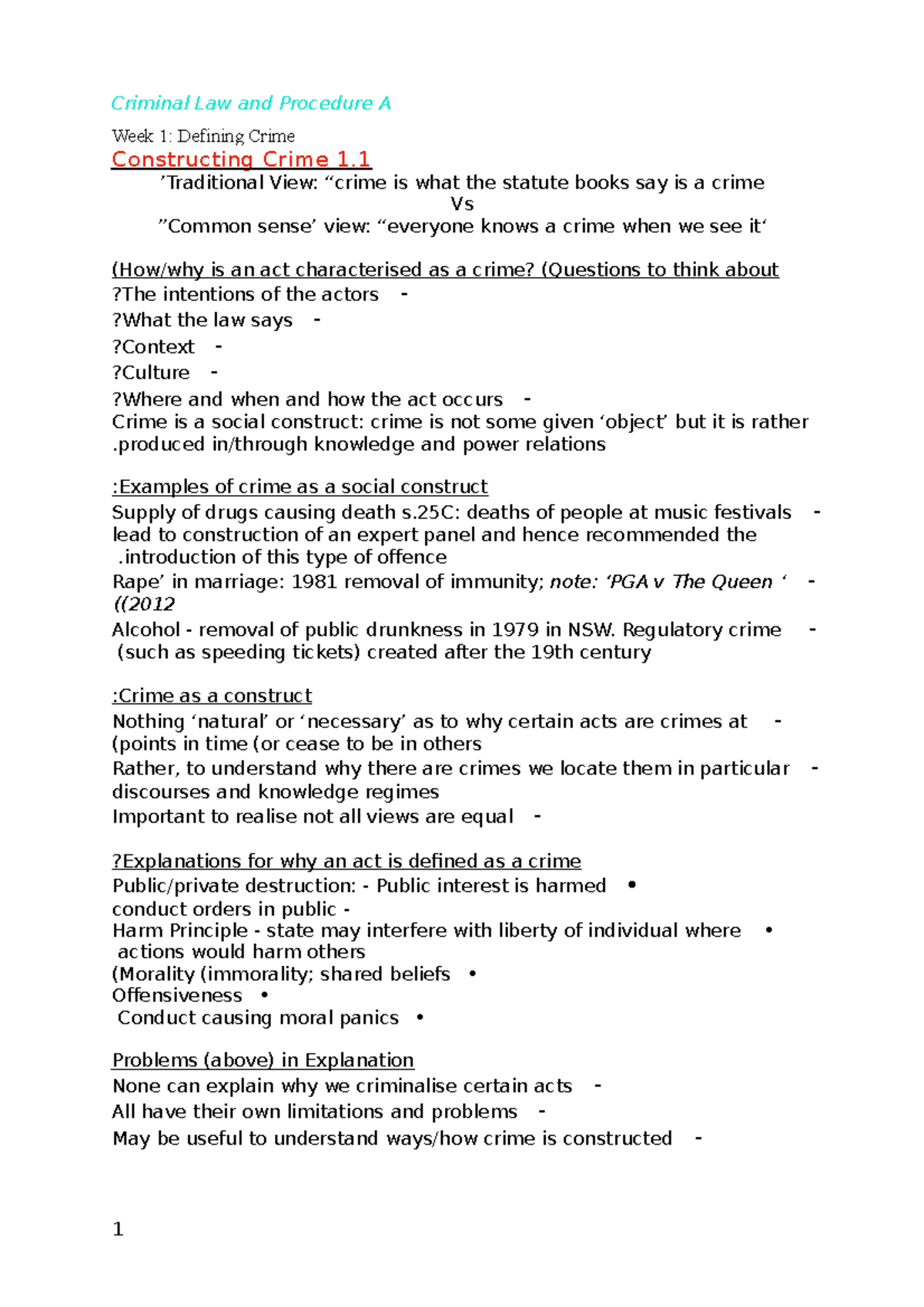 Week 1 Notes W - Week 1: Defining Crime 1 Constructing Crime ...
