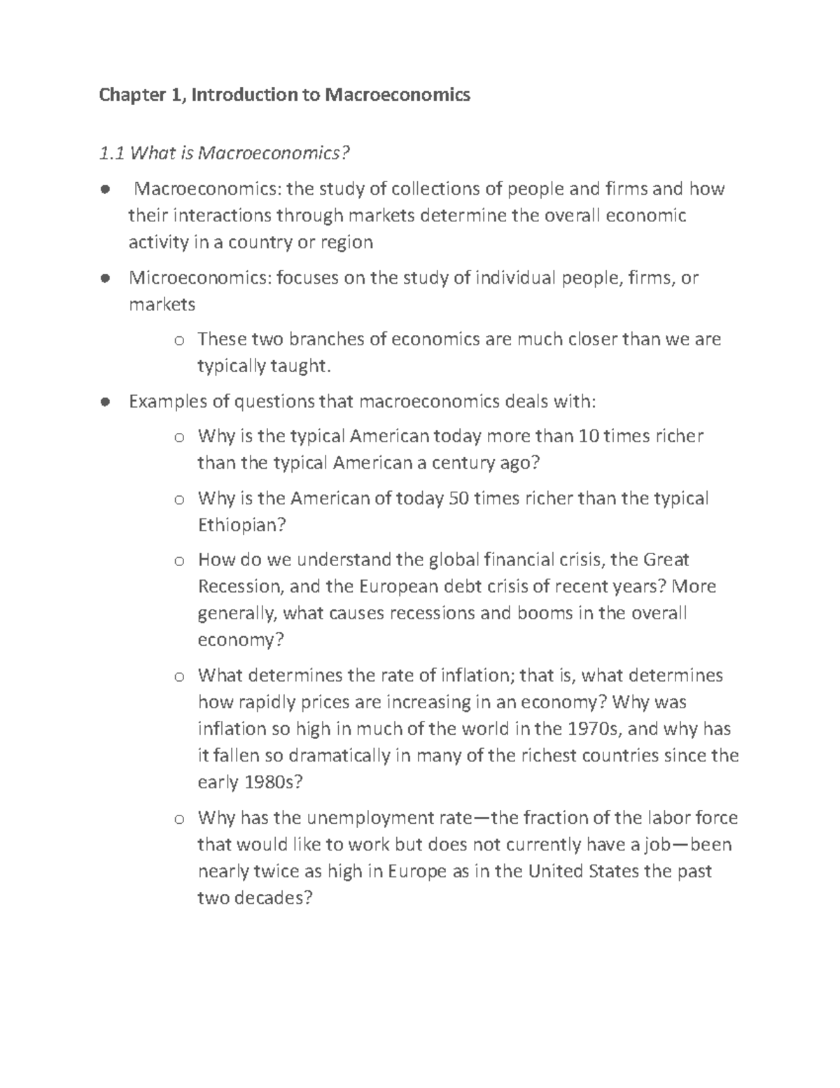 ECON 4710 Ch. 1 Notes - Chapter 1, Introduction to Macroeconomics 1 ...