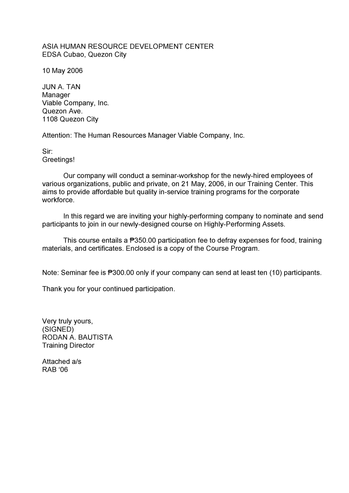 Business Letter for CRWT - ASIA HUMAN RESOURCE DEVELOPMENT CENTER EDSA ...