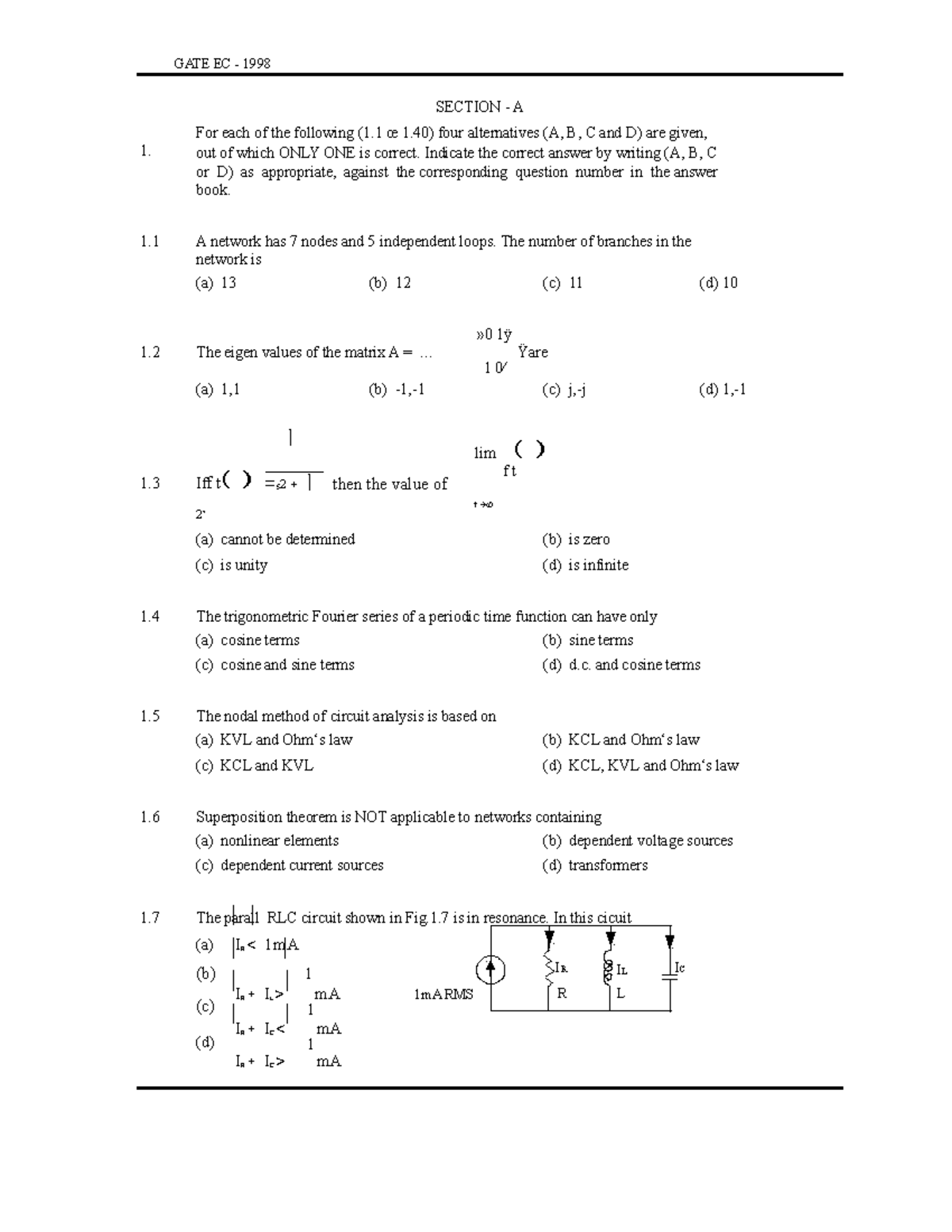 1998 - Sample GATE - 1. SECTION - A For each of the following (1 œ 1 ...