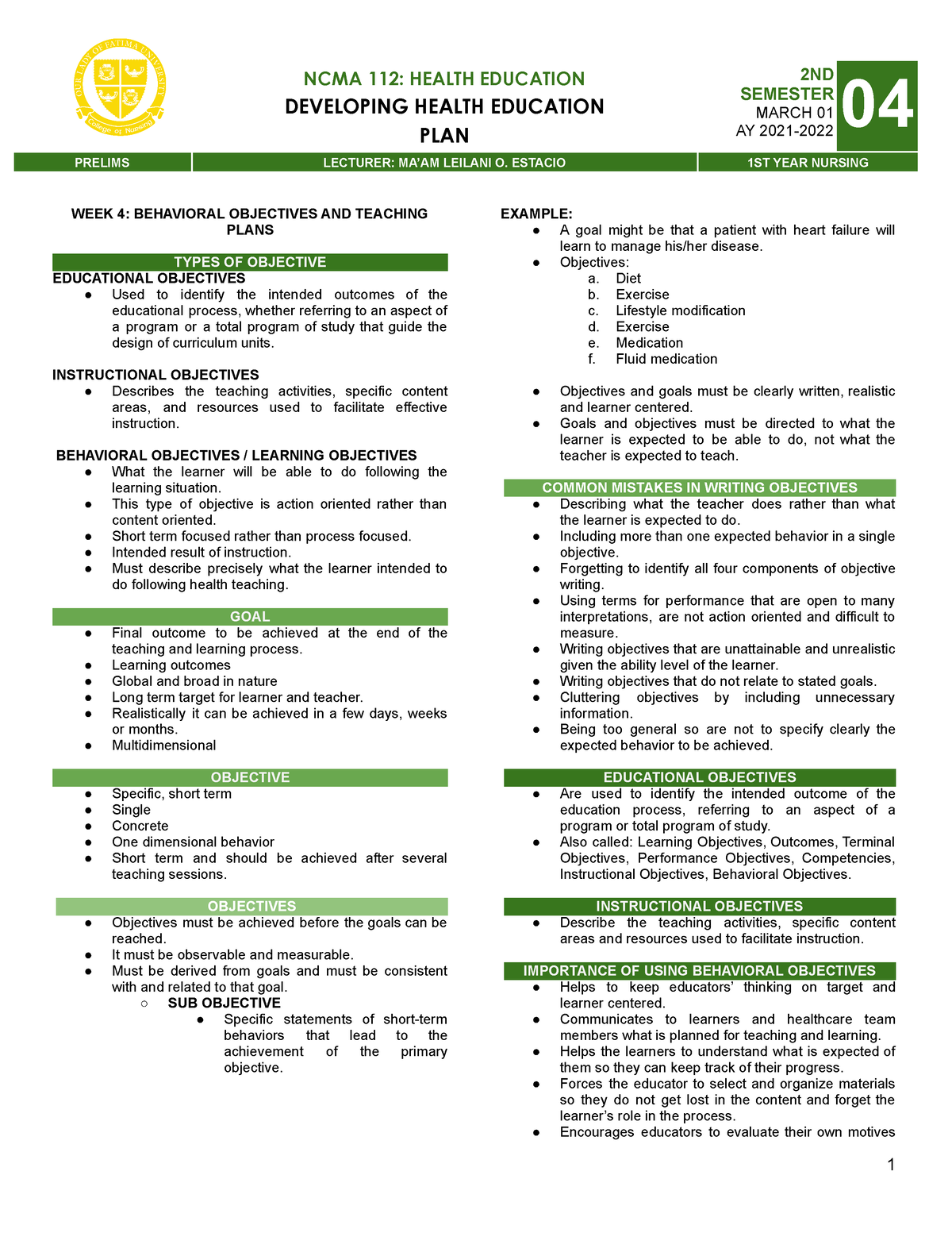 NCMA 112 - BEHAVIORAL OBJECTIVES AND TEACHING PLANS - NCMA 112: HEALTH ...