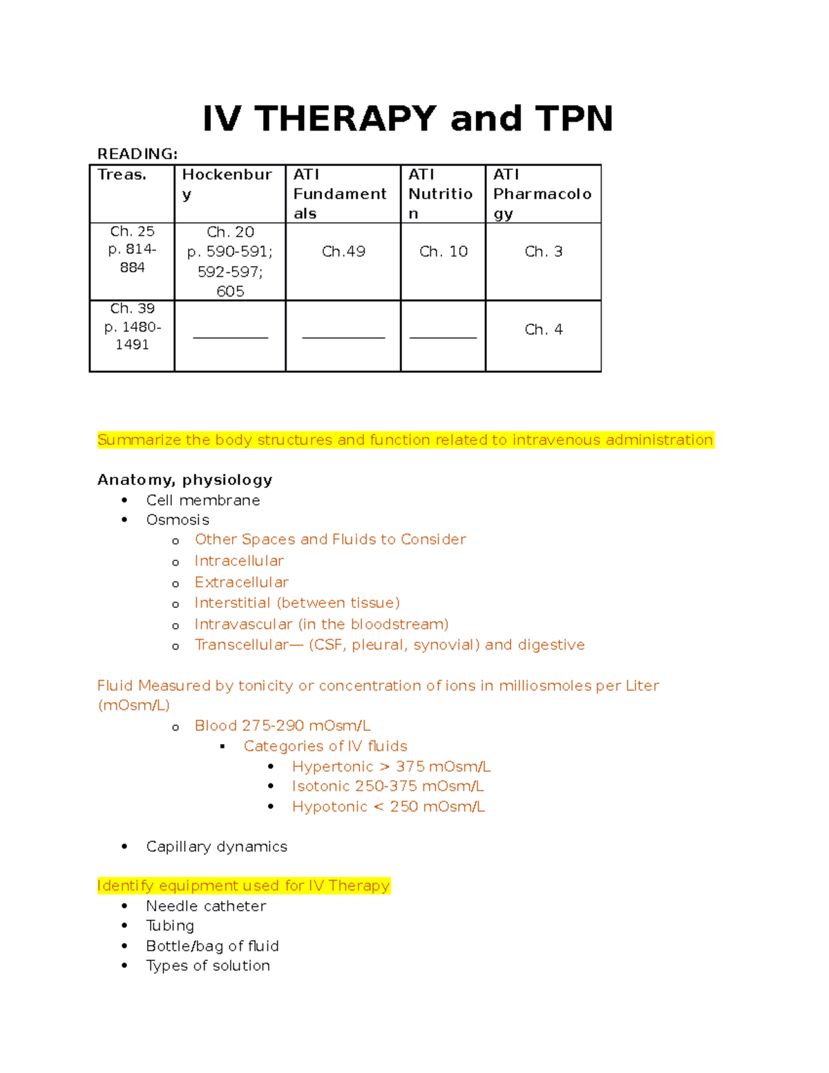 IV Therapy AND TPN learning objectives - LPN1 - Chatt State - Studocu