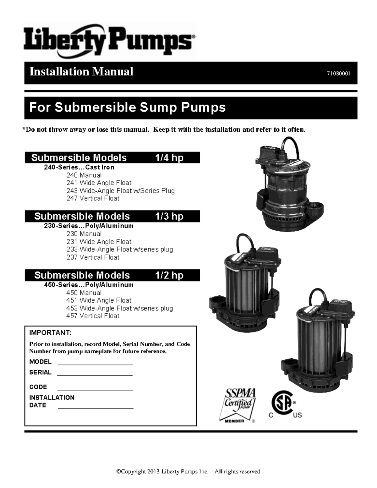 Liberty 230 240 450 Man Hjgggh ©Copyright 2013 Liberty Pumps Inc