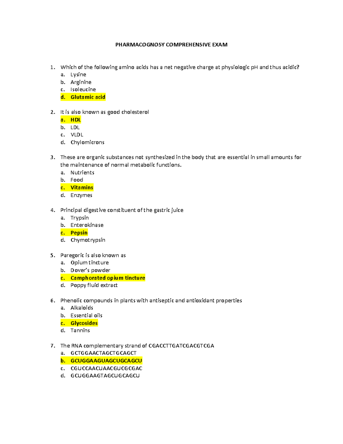 Pharmacognosy Comprehensive EXAM - PHARMACOGNOSY COMPREHENSIVE EXAM ...