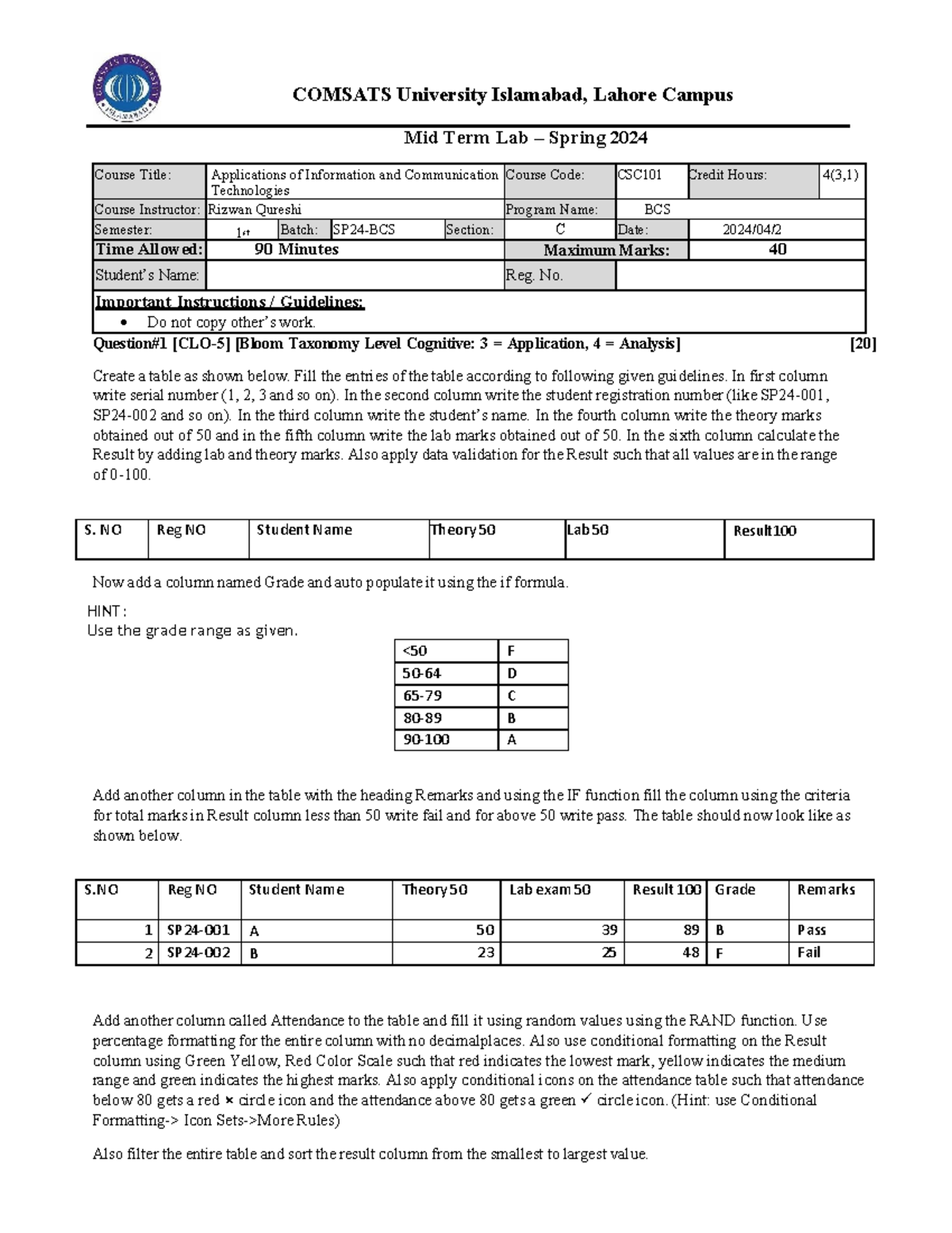 ICT Lab Mid Term Exam Mid Term Lab Spring 2024 Course Title