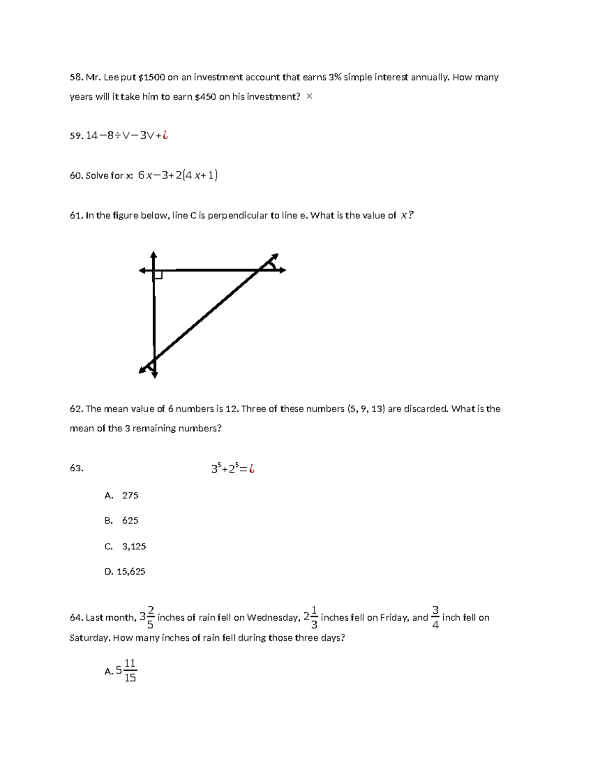 Math Test 1 (58-114) NEW - 58. Mr. Lee put $1500 on an investment ...