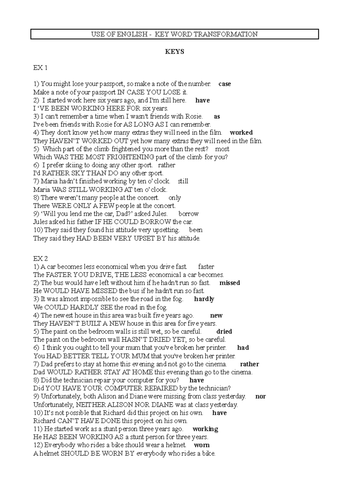 2012-13 EX KEY WORD Transformations KEYS - USE OF ENGLISH - KEY WORD ...