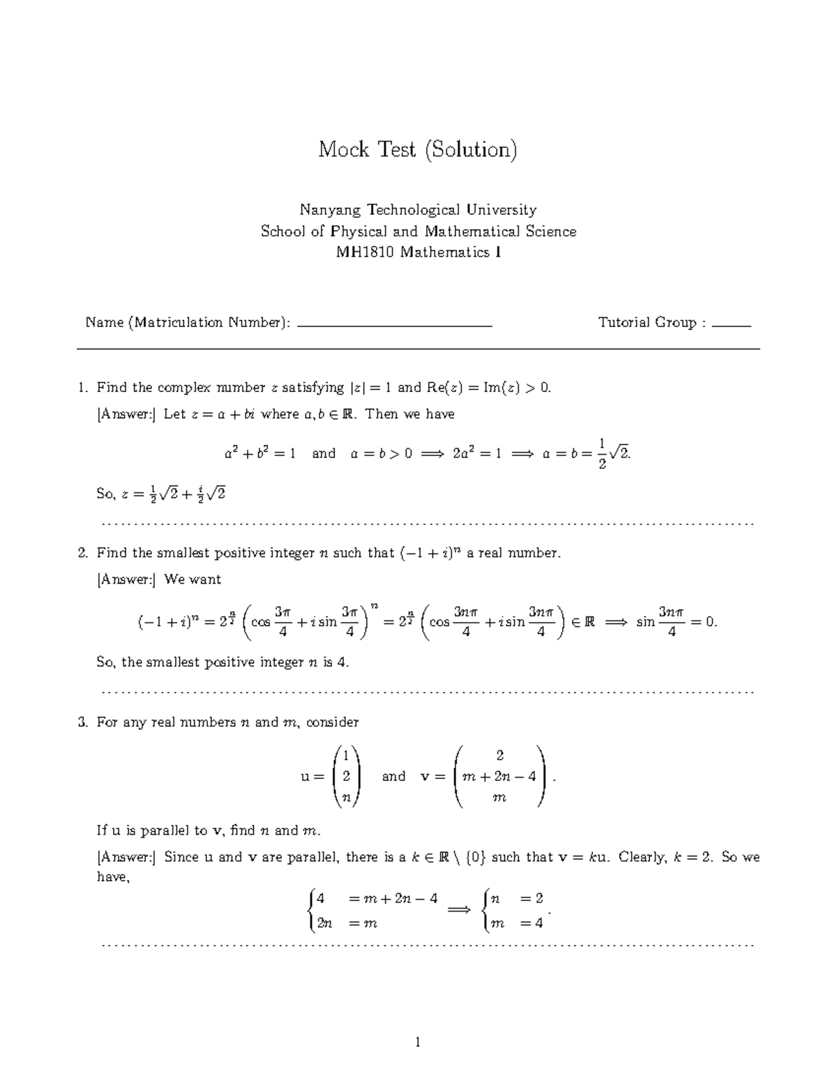 Mathematics 1 Mock Test with Solution - Mock Test (Solution) Nanyang ...
