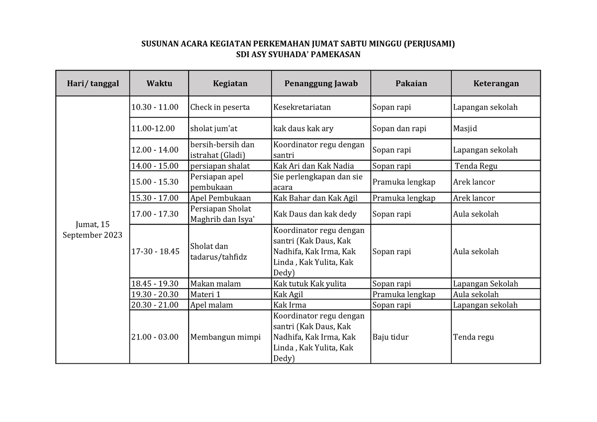 Rundown Perjusami September 2023 Fix - Hari/ Tanggal Waktu Kegiatan ...