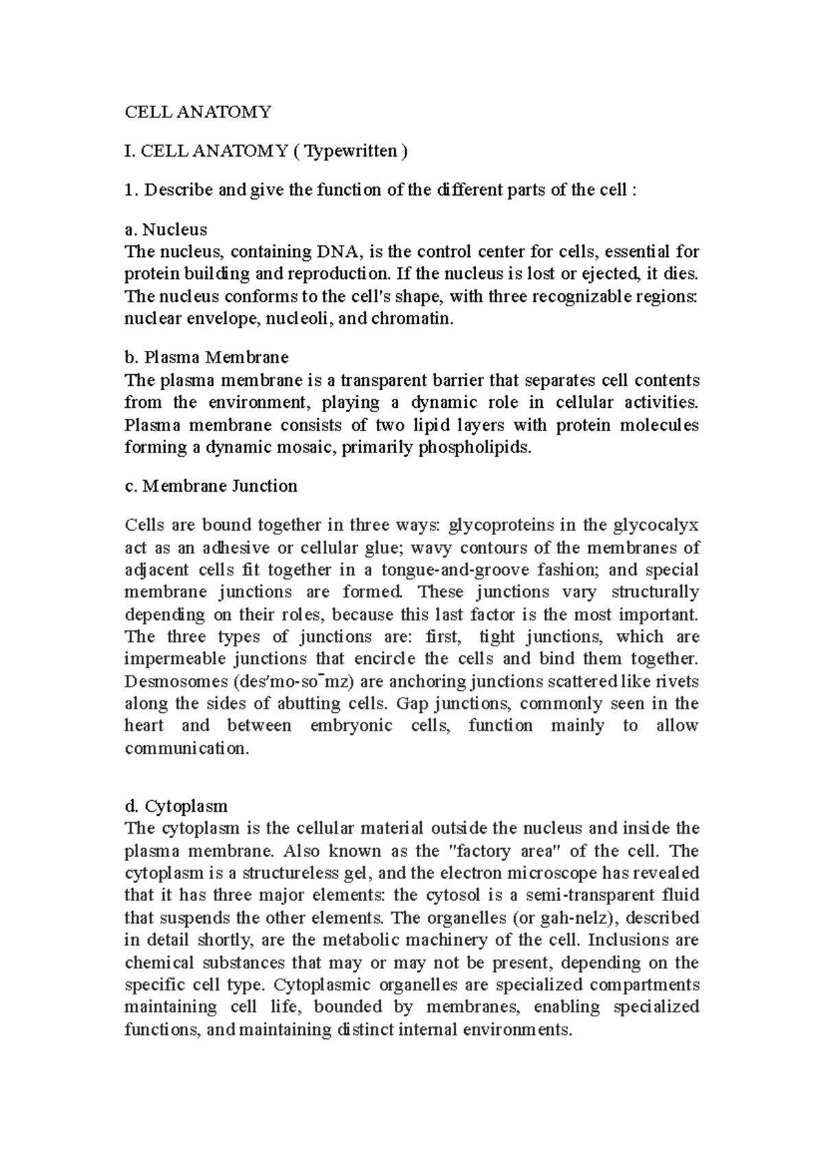 CELL Anatomy for bmls 1st year CELL ANATOMY I. CELL ANATOMY